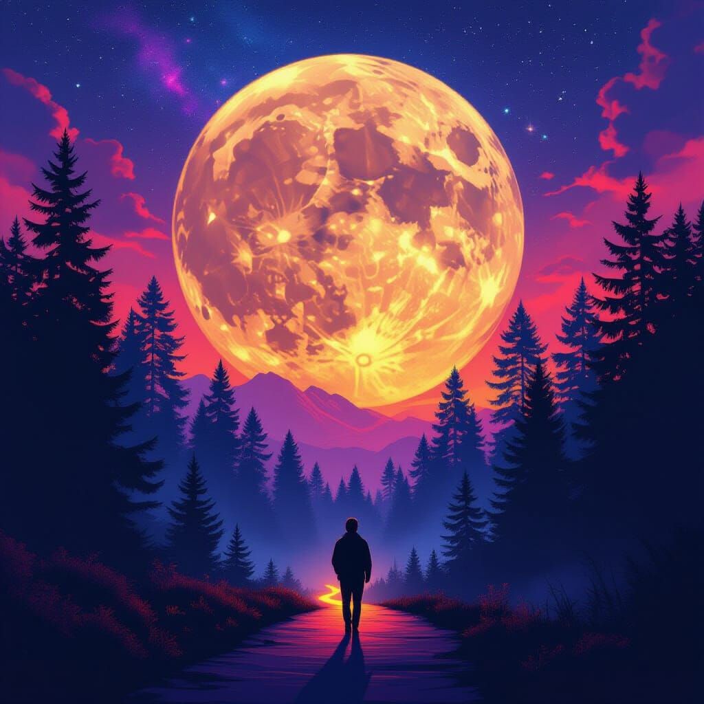 Man in Moon Silhouette with Galaxy Sky