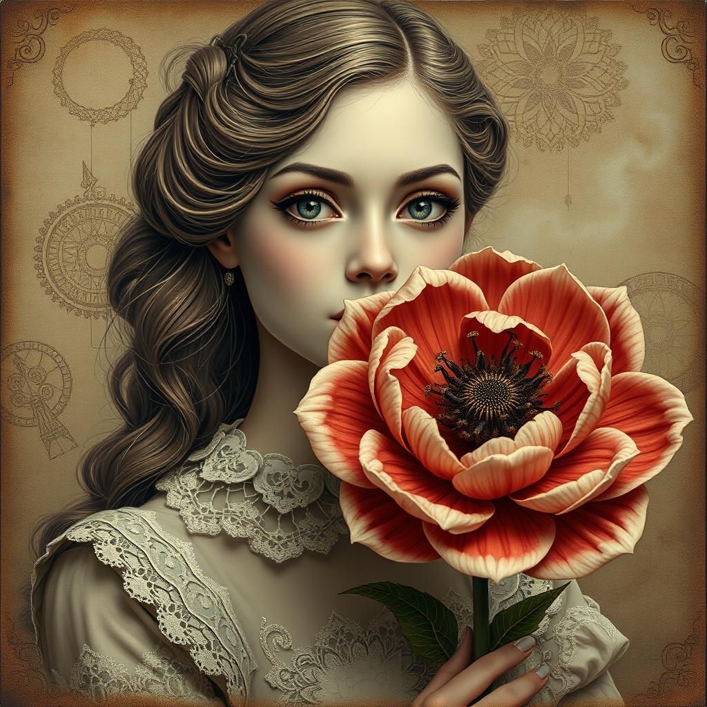 metal etching, textured, patina, Full shot nice girlwith a l...