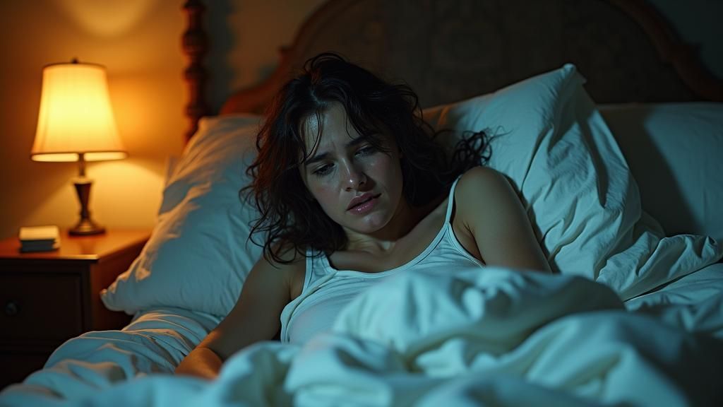 image of Amelia in bed, twisted in sweat-soaked sheets, face contorted in fear. ARRI ALEXA 65 shot, harsh contrasts, deep shadows with occas...