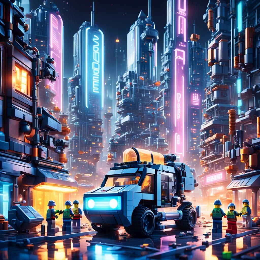Futuristic LEGO City: Resource Conversion in Neon Light