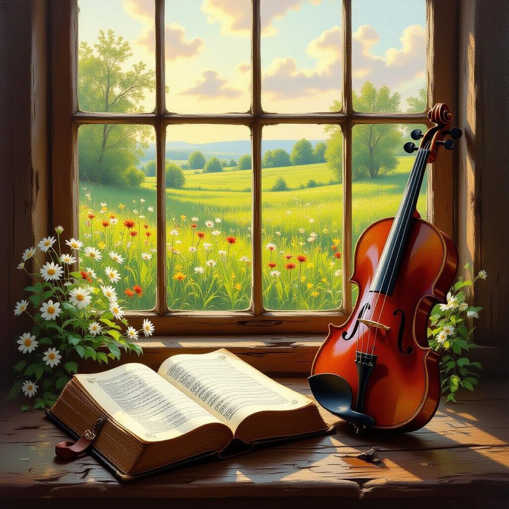 Serene Meadow View with Violin and Book