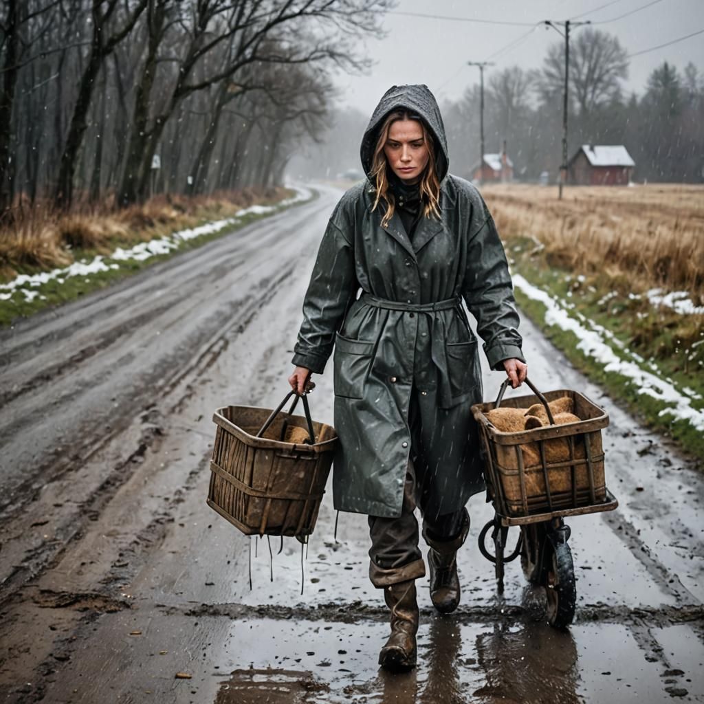 An exhausted young polish woman in used-up woolen clothing, dirty rainwear and rubberboots dragging a handcart on an icy country road during...