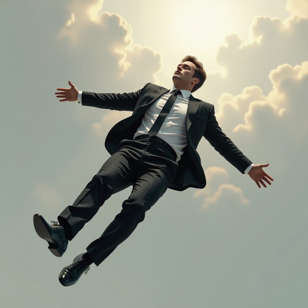 realistic image man fall from the sky in black and white