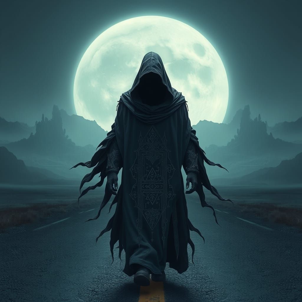 Mysterious Hooded Figure on Desolate Road