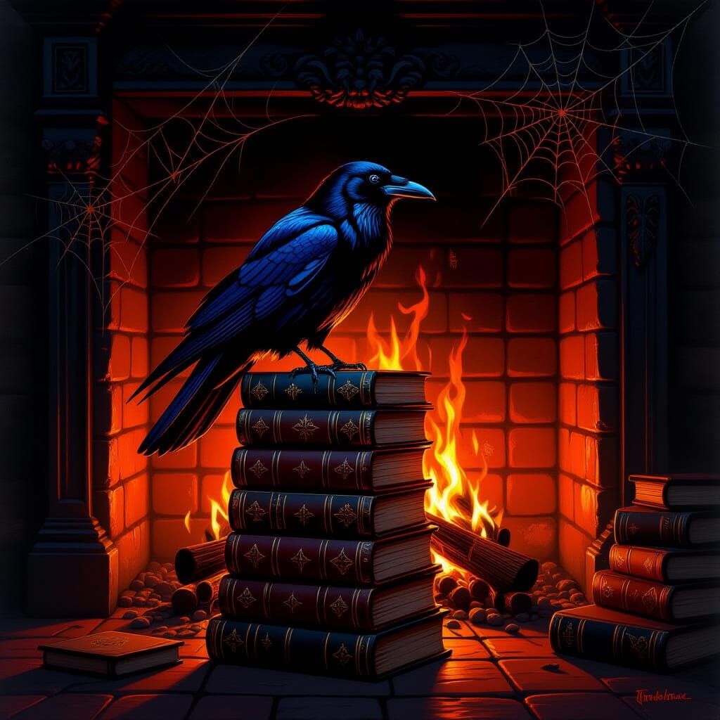 A fantasy style art painting in dark red , orange, and black hues of a Raven sitting on a stack of ancient magical books  a fireplace glows ...