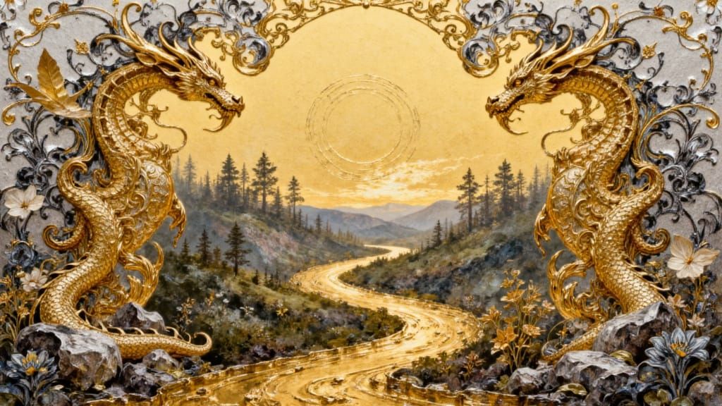 <lora:Fantasycore:1.0> magical embossed gold and silver landscape