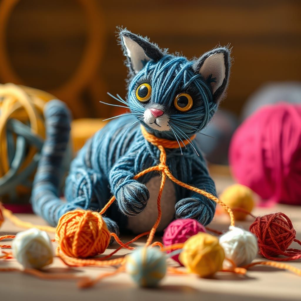 A cat made from string playing with balls of yarn and string. detailed. full image, yarn art, string ...  by @5Foot3 Marie