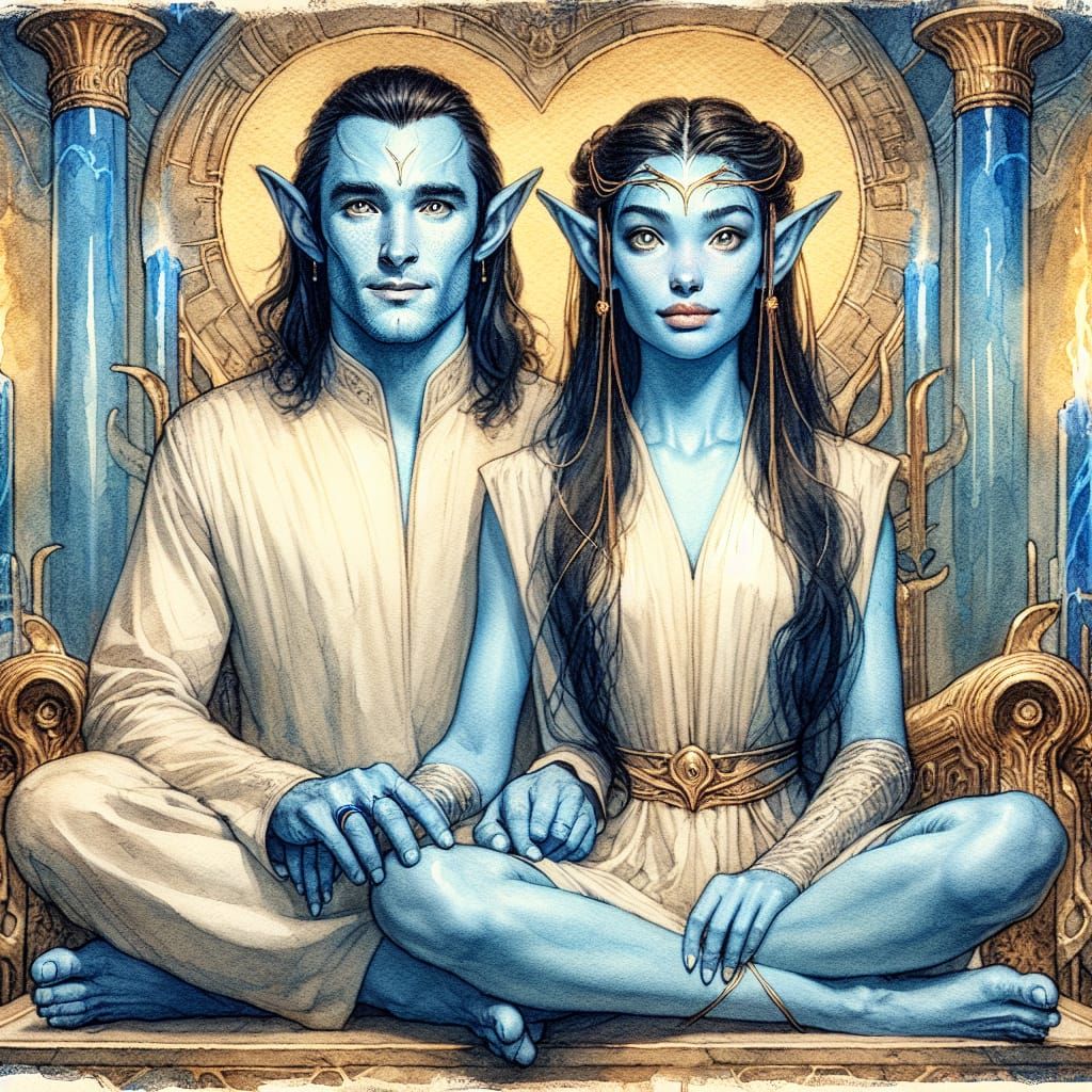Elven Couple on Crystal Throne in Watercolor Style