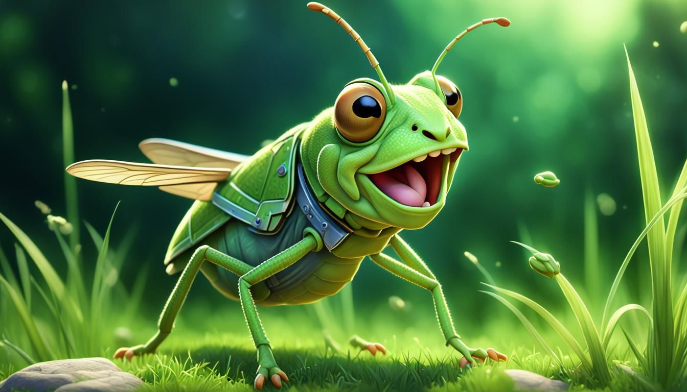 a happy grass hopper just finished grazing, in the style of cartoon realism, disney animation, hyper-realistic portraits, 32k uhd, cute cart...