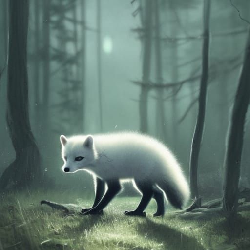 A small baby arctic fox wandering a forest at night