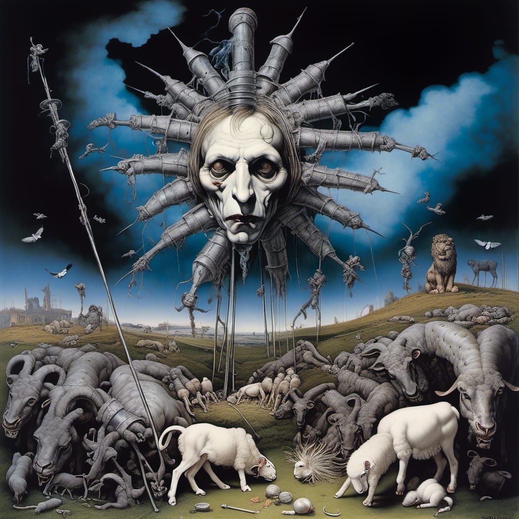 Surreal Landscape with Shepherds and Lions in Onion Fields