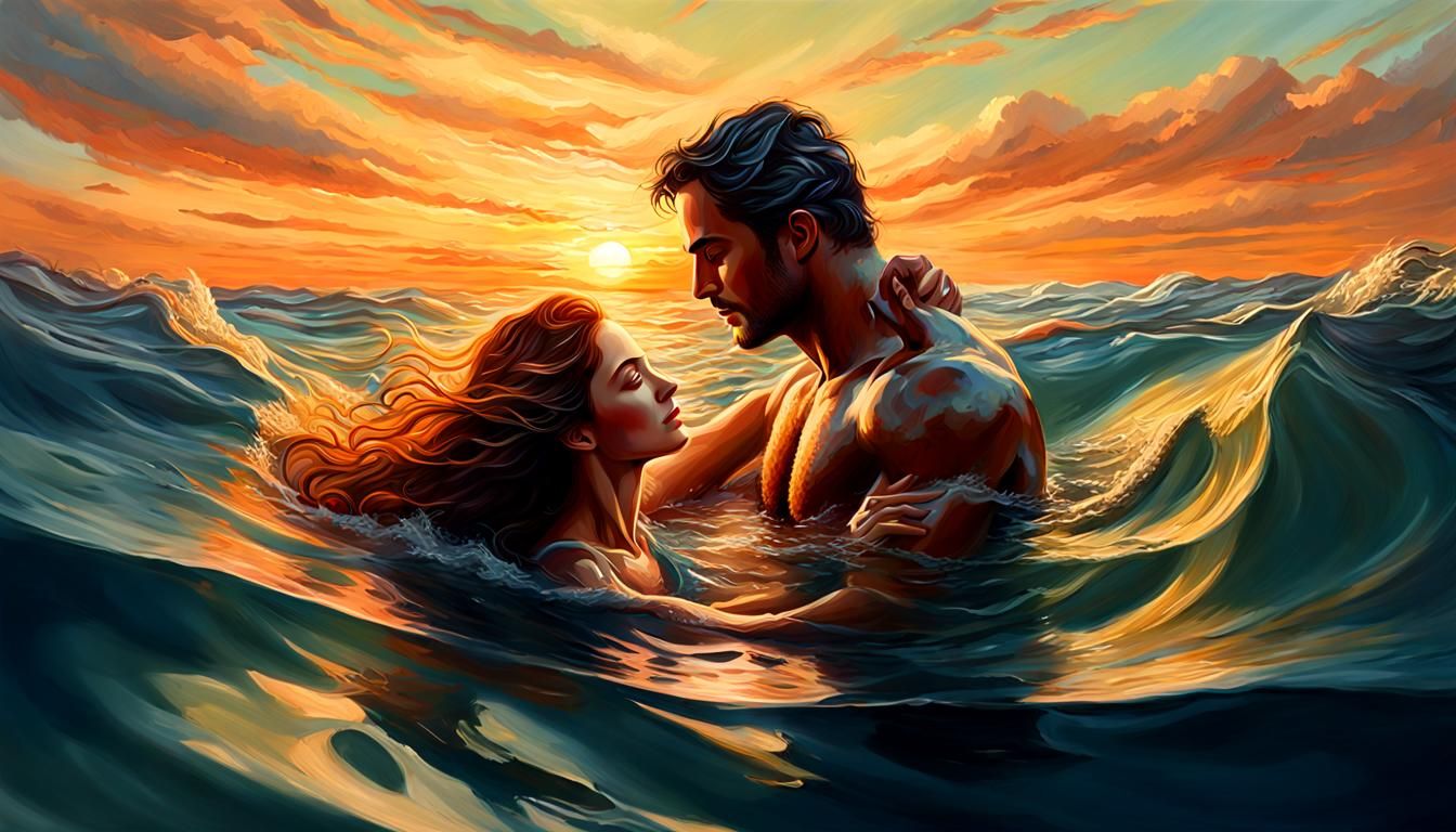 photograph of a beautiful man and woman, swimming in the sea...