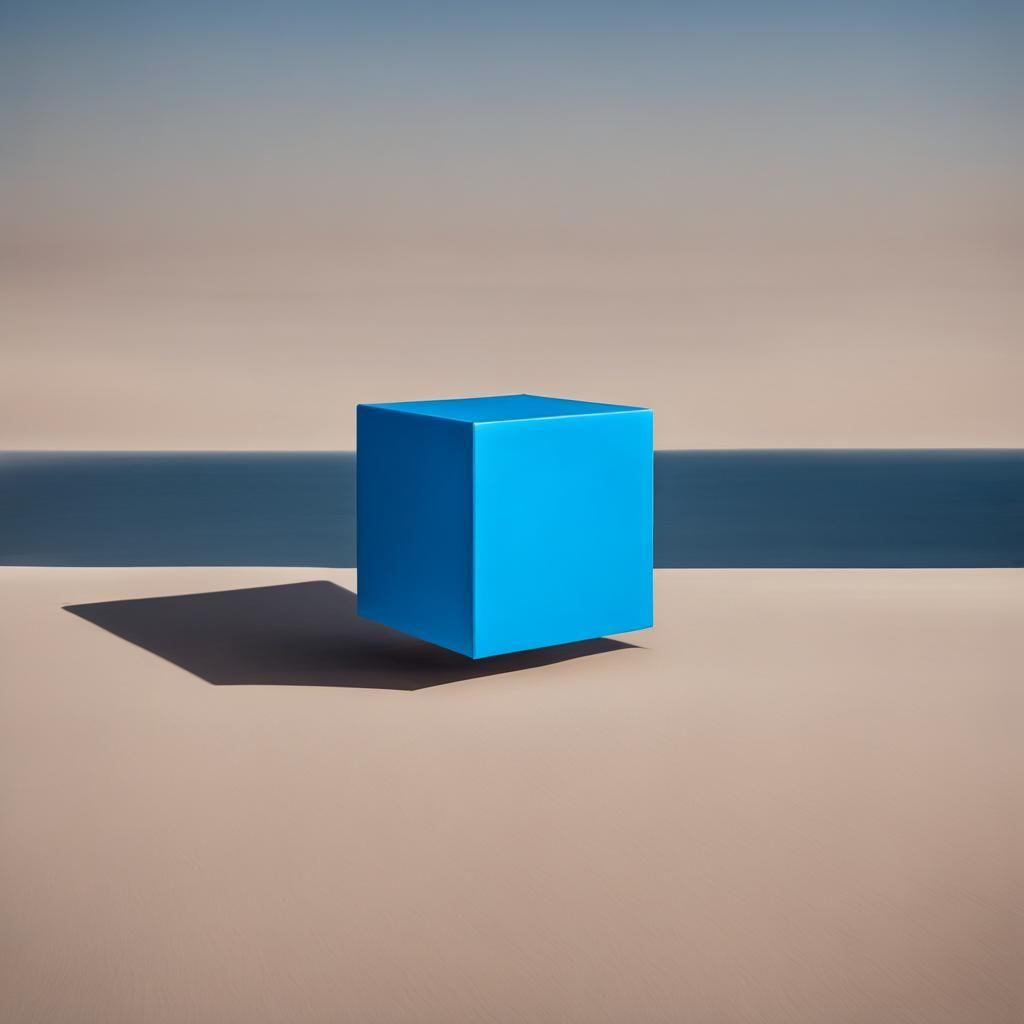 A single large perfect blue cube floating in the air. Slightly Surreal ...