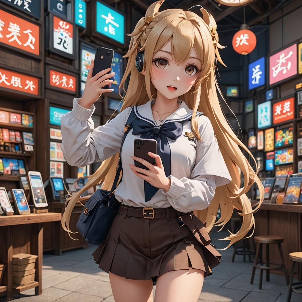 A gacha girl with blonde hair big brown eyes and her phone i...
