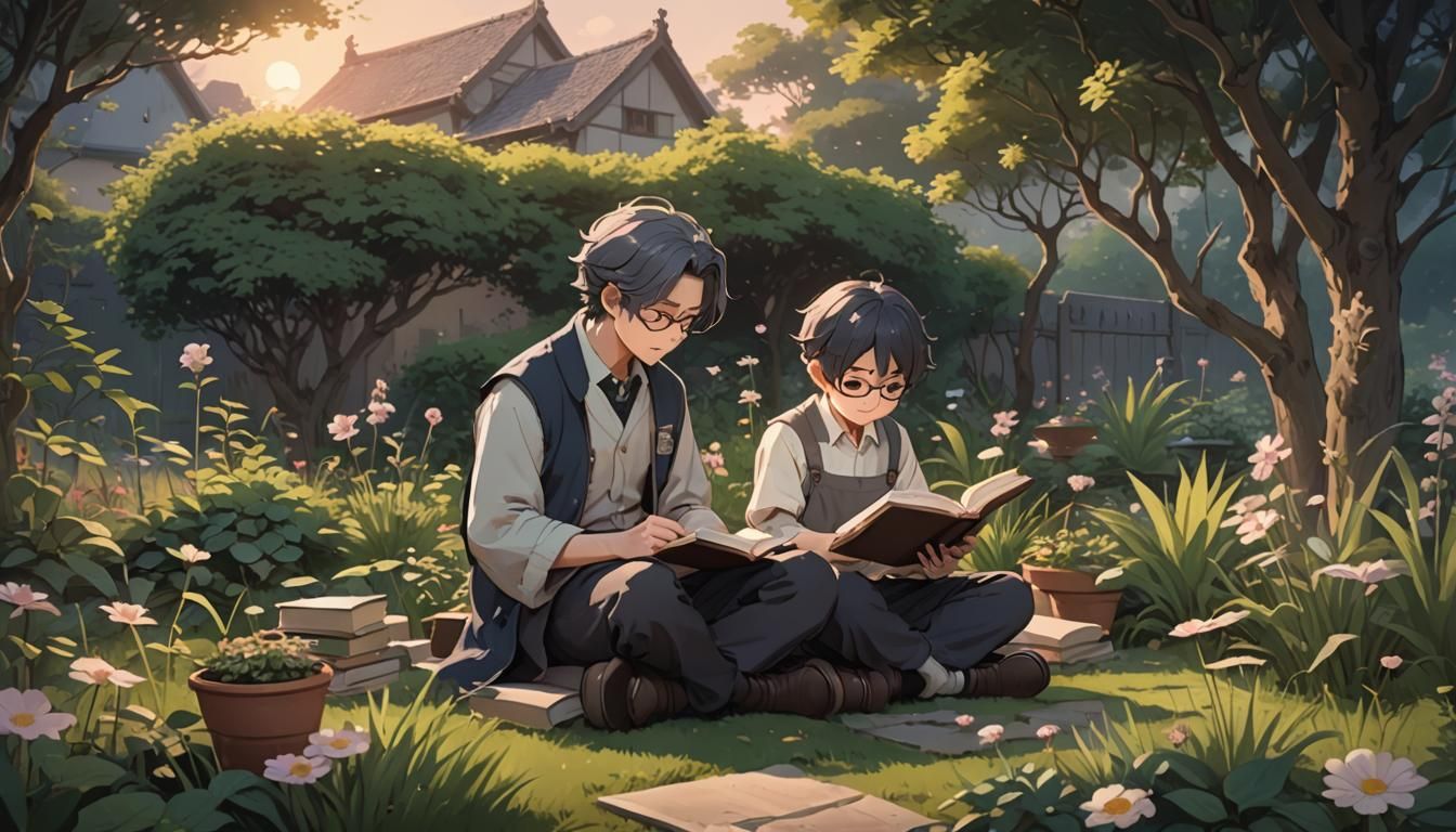 a Master teatching an apprentice in a garden at dusk with a ...