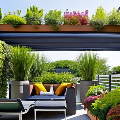 rooftop patio with container garden, sharply detailed focus, visually