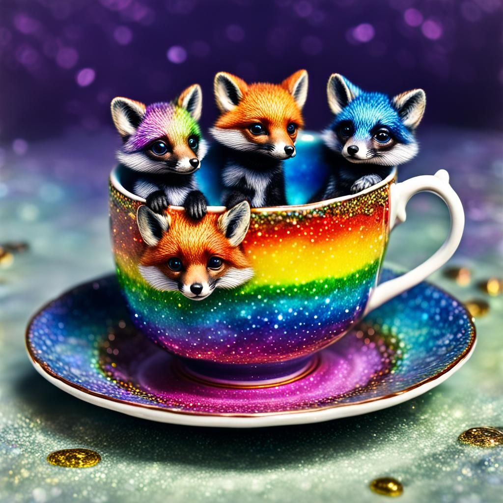 glitter rainbow miniature foxes in a teacup