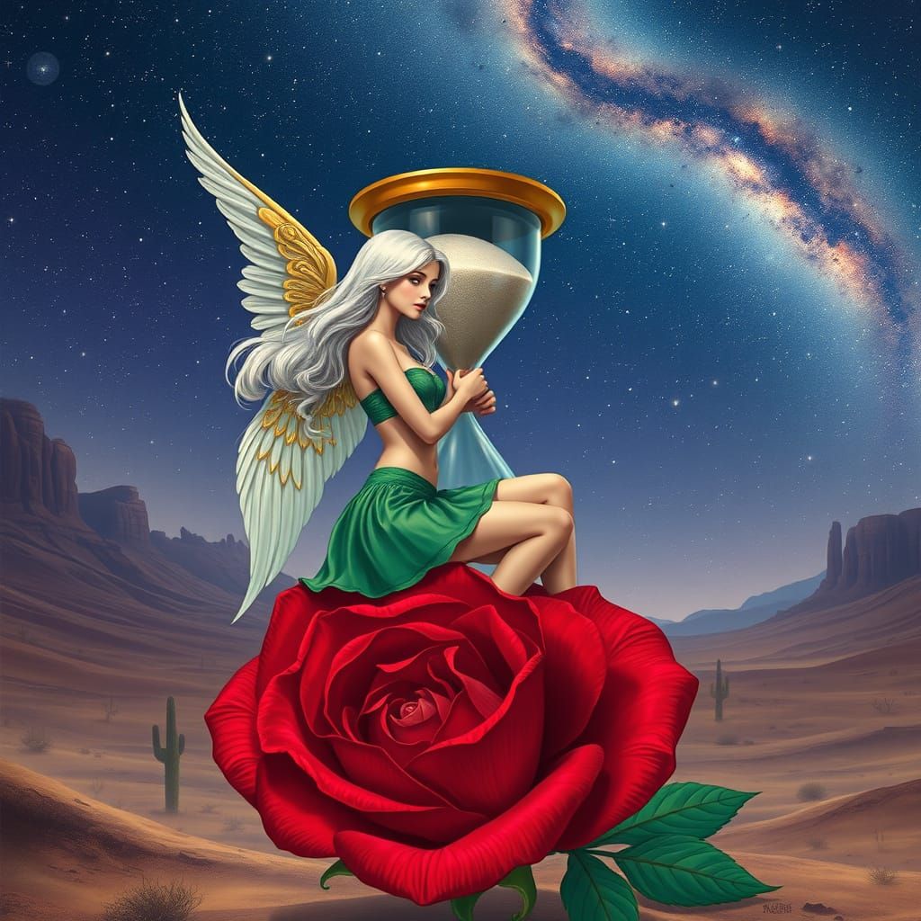 a woman angel with white hair and golden wings in a green mini skirt sitting with her legs tucked under her on a red rose flower growing in ...