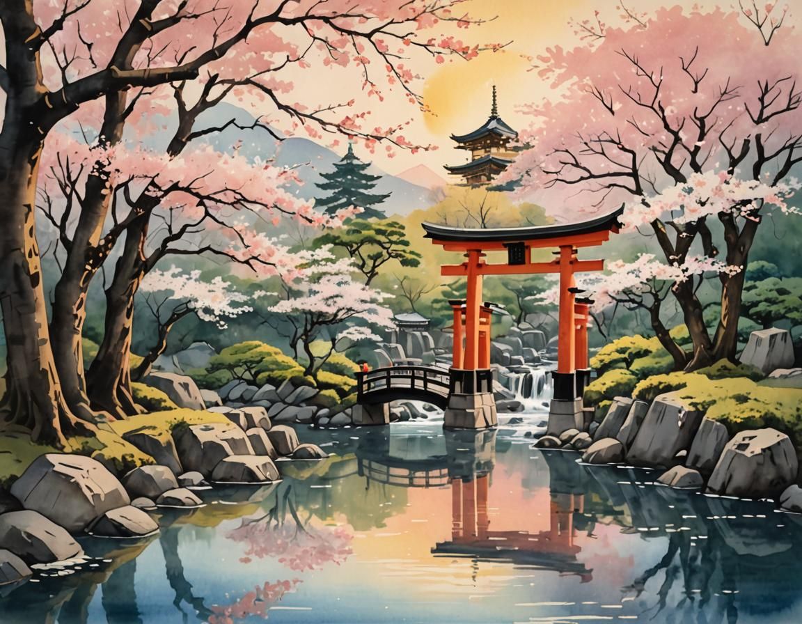 Serene Torii Gate in Ukiyo-e Watercolor Style