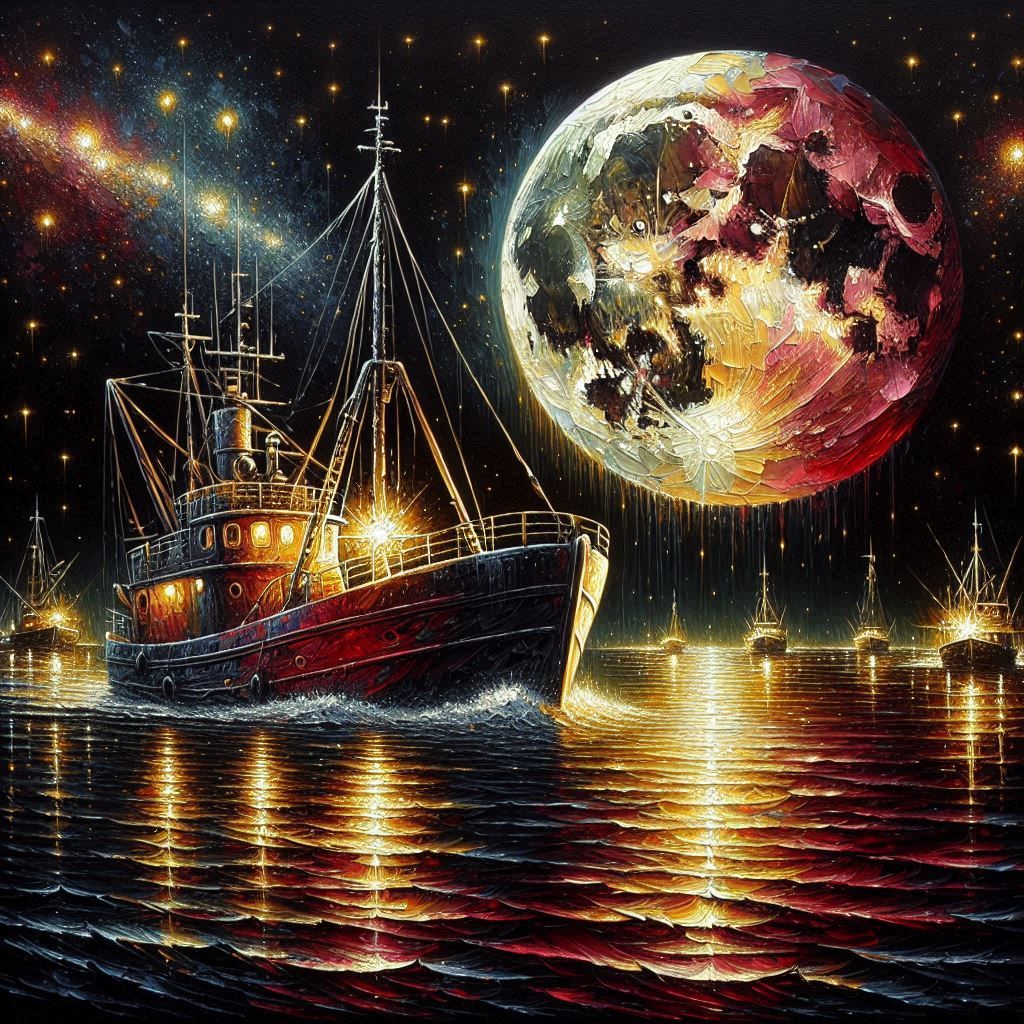 Old fishing boat on a dark sea  by @Marshas Creative AI Designs