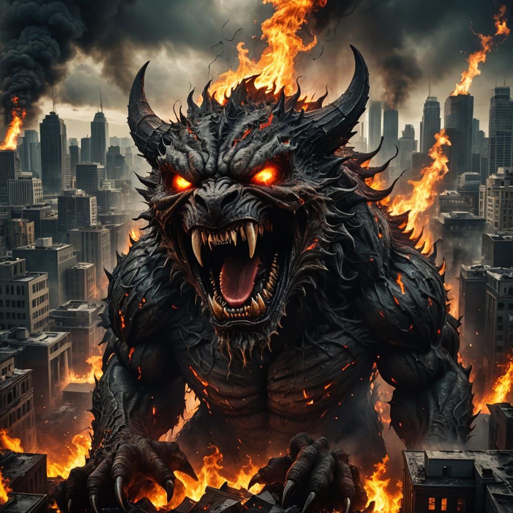 Gnarly evil Demon Screaming Face Big fangs Raging fire Highly detailed Dramatic apocalypse city background moody