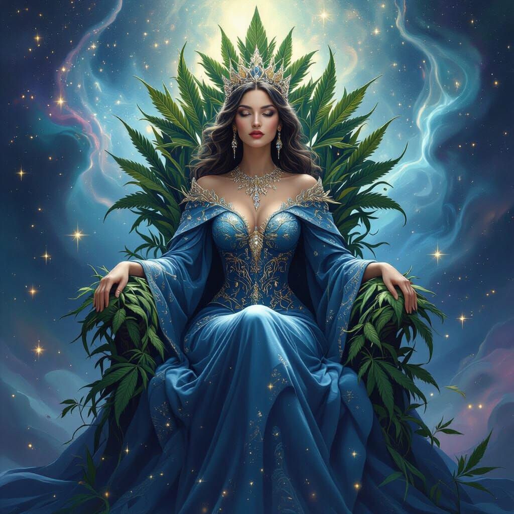 A regal queen adorned with celestial patterns, seated on a throne made of intertwined cannabis leaves. The background is...