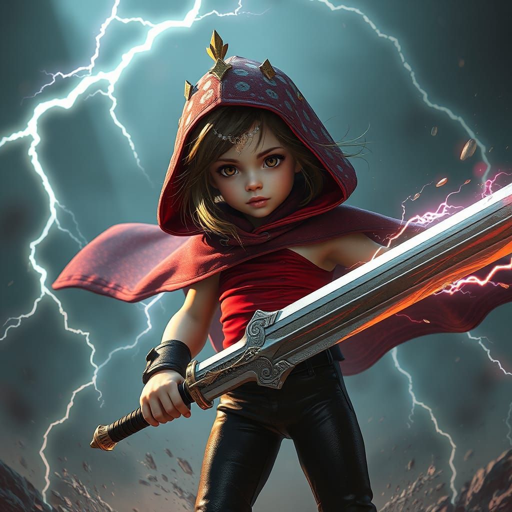 Girl with Sword Conjuring Lightning, Digital Art