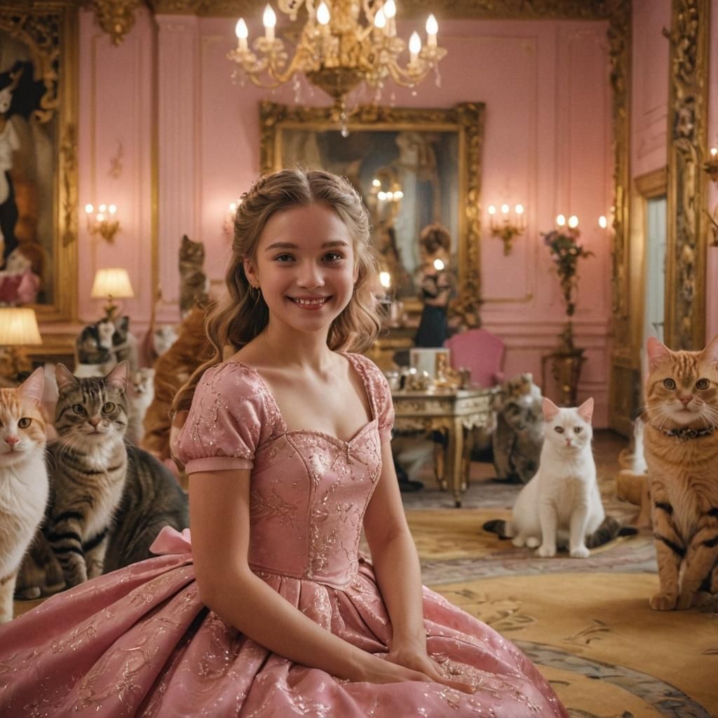 Girl with Cats in Ornate Baroque Room
