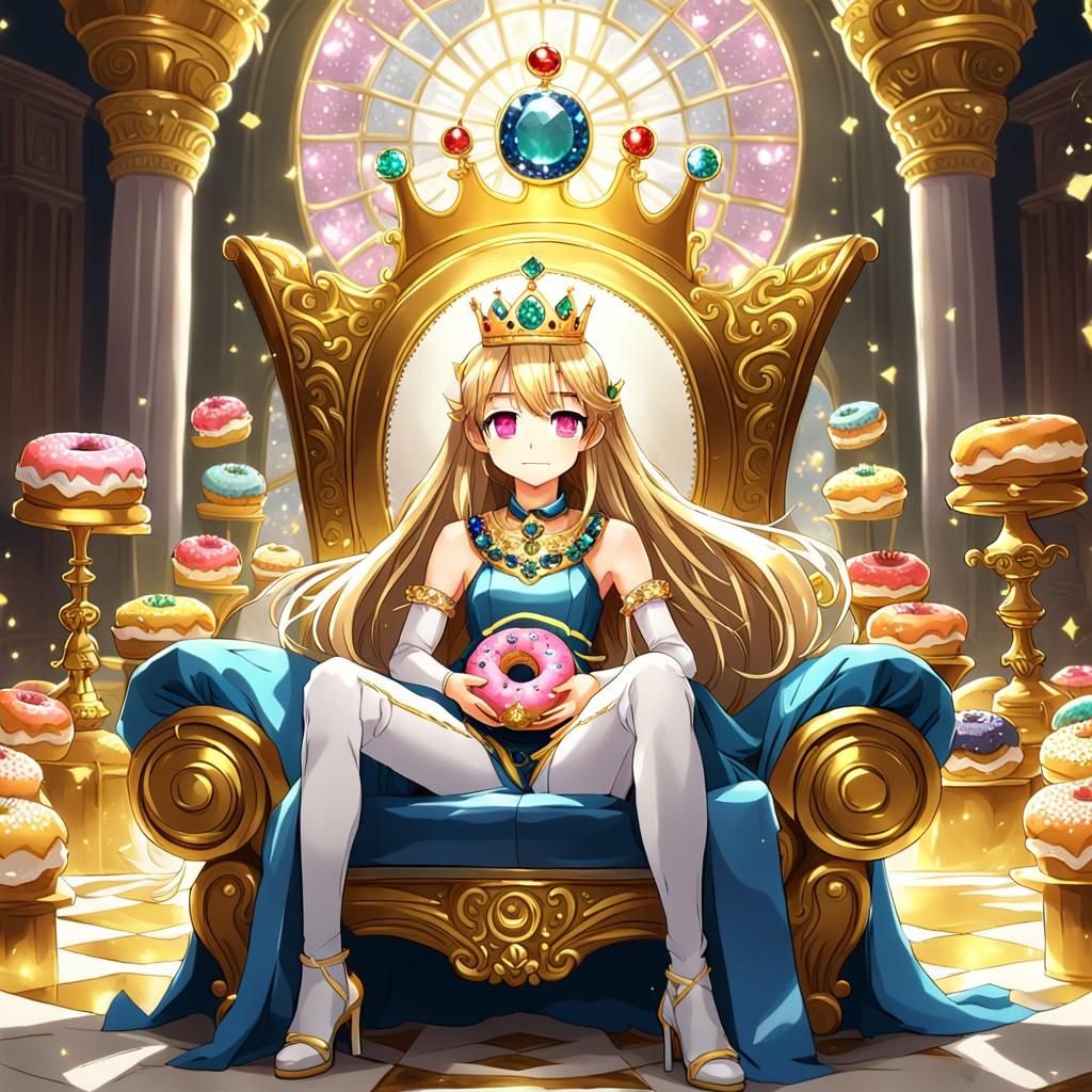 a donut wearing a bejeweled crown and sitting upon a golden ...