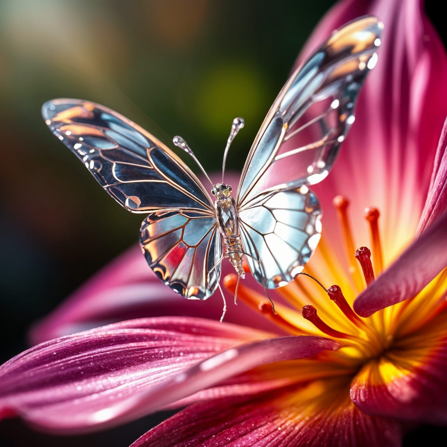 Crystal Butterfly on Glass Lily Reflecting Light