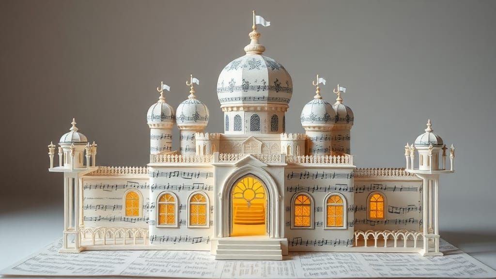a paper palace made from sheet music