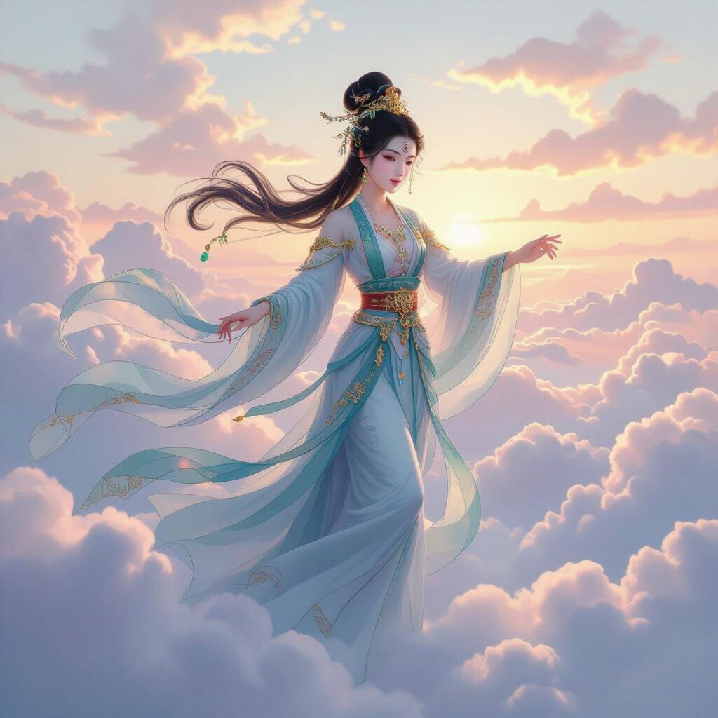 Ancient Chinese Celestial Maiden Soaring Through Dawn Clouds