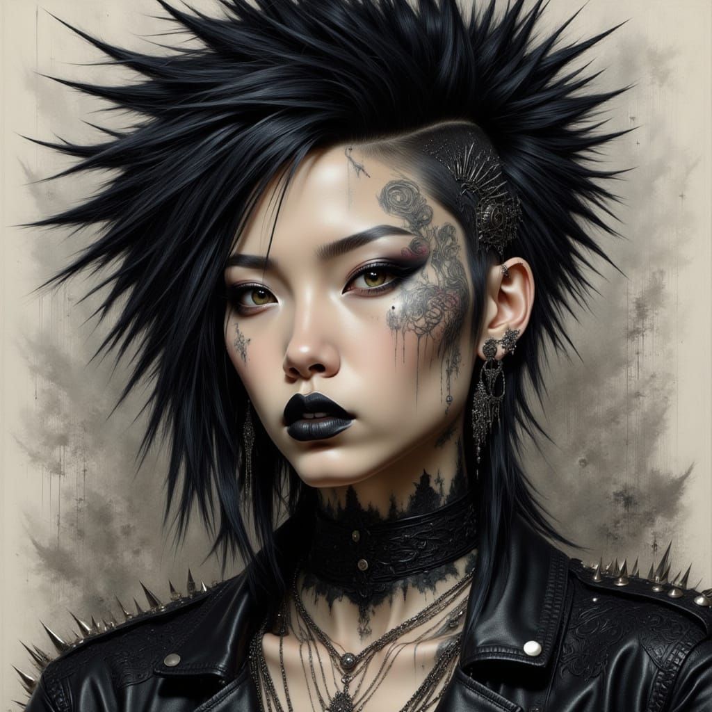 <lora:Metal Intensity:1.0> <lora:Spiked Intensity:1.0> <lora:Art Nouveau Punk V2:1.0> Metalhead Asian woman artistic painting portrait, natu...