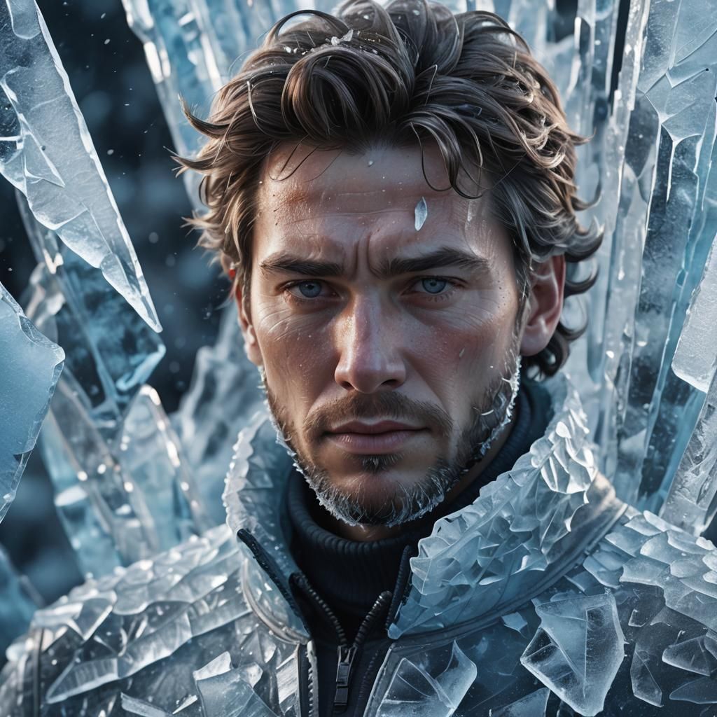 Hyperrealistic Ice Man in Frozen Landscape