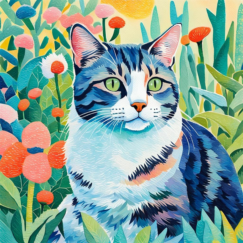 pastel-colored pretty cat in a colored garden  by @tilezia