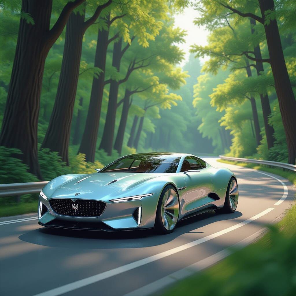 Luxury Car on Winding Road in Sleek Style