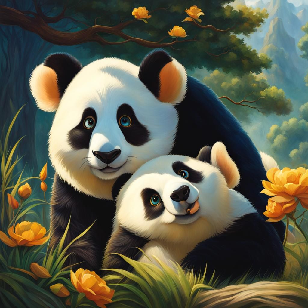 Panda in Bamboo Forest Mountain Landscape
