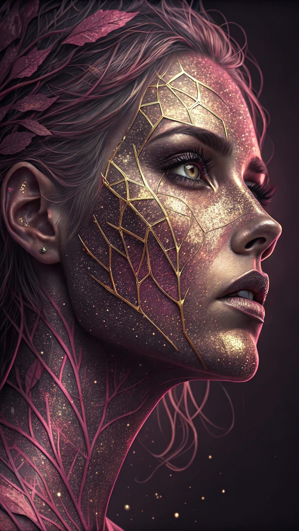 Woman in Dark-Raspberry-Pink and Gold-Copper-Silver Hues