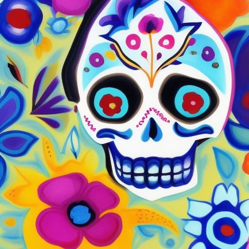 sugar skull daydreams, blue background, purple morning glories - AI ...