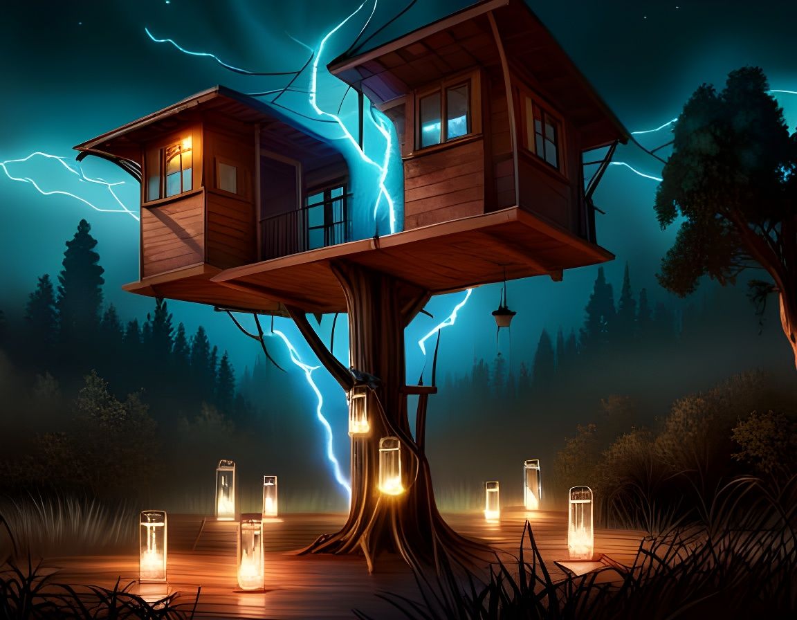 Treehouse in an electric storm AI Generated Artwork NightCafe Creator