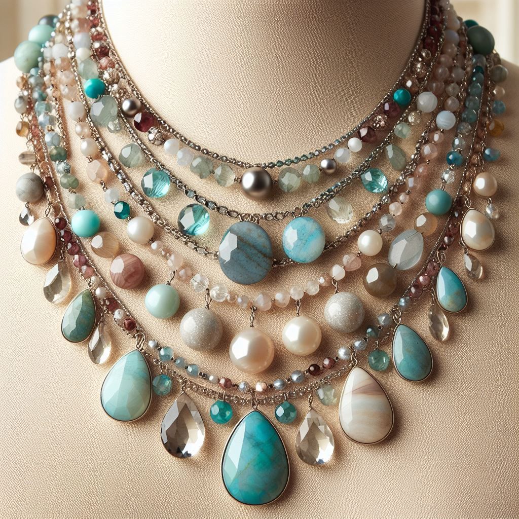 Teal and Pearl gemstone necklace