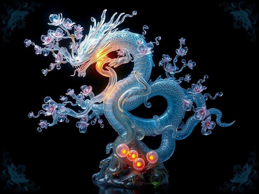 Shimmering glass dream tree, intricate translucent glasswork, magical Japanese dragon wrapped around ...  by @Spearmint