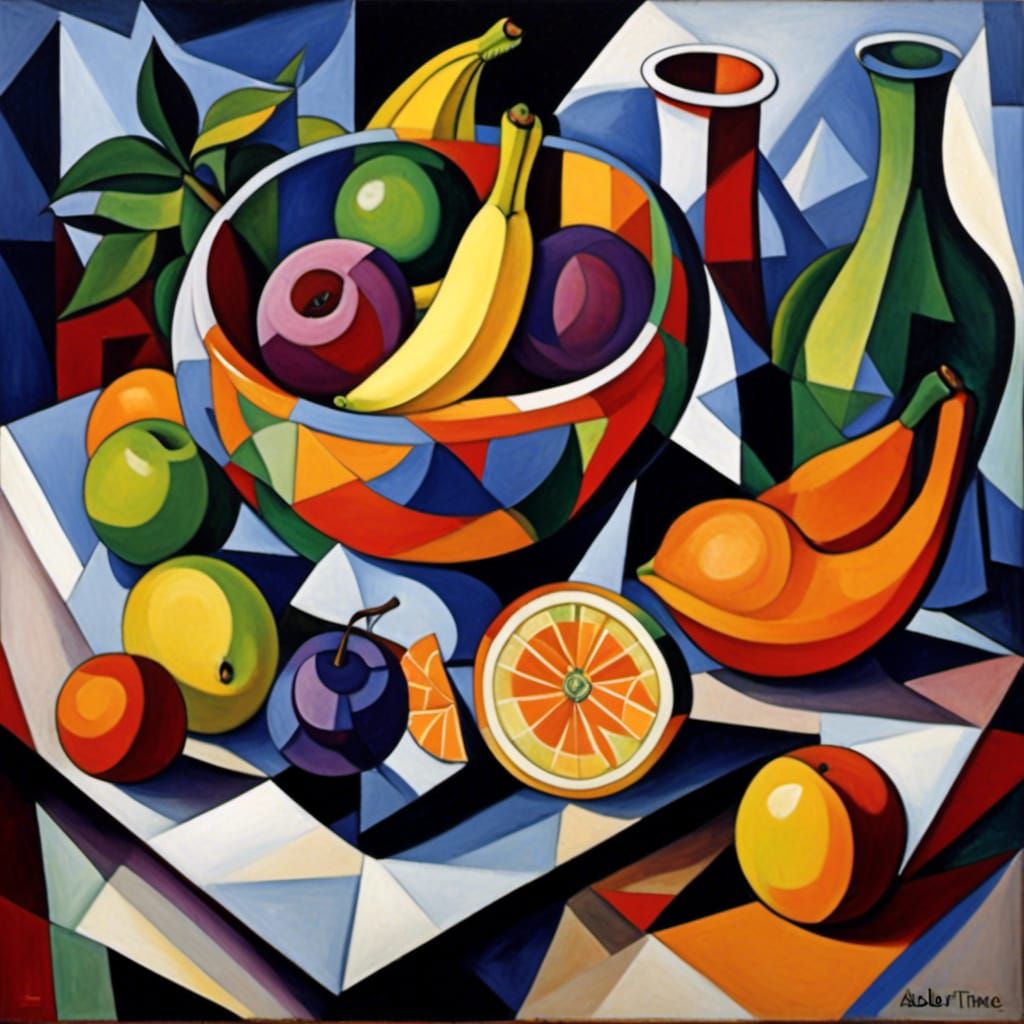 Whimsical, still life, bowl of fruit, plum, banana, orange, lime, Picasso, Albert Gleizes  <lora:WhimsicalCubism:0.5> <lora:Crystal Cubism:0...