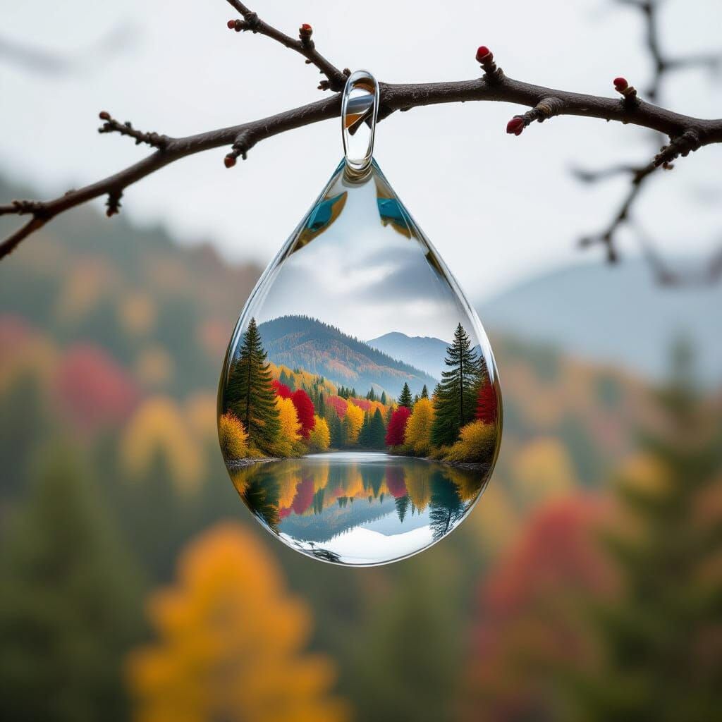 Create double exposure image, first image is a large raindrop hanging from a tree branch, second image is a transparent image of a fall colo...