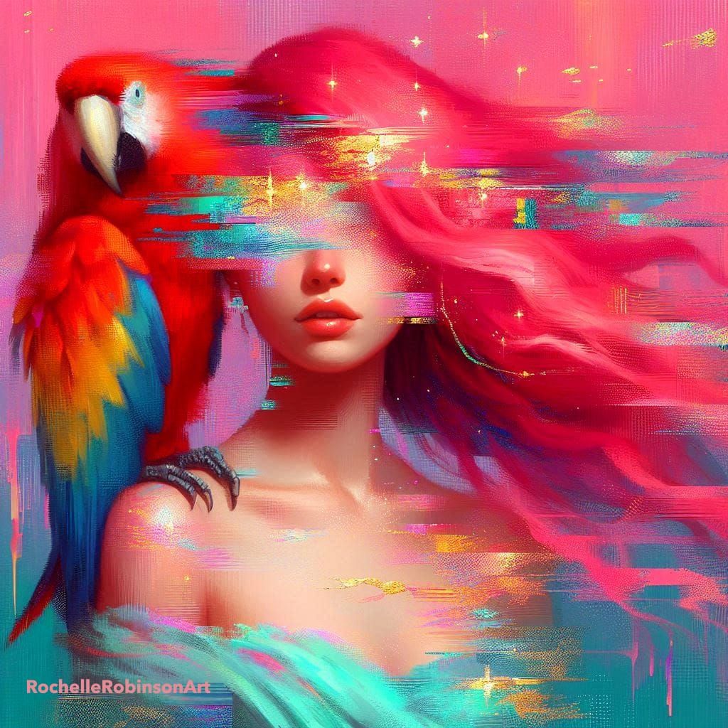 A Woman And Parrot - Glitch Art