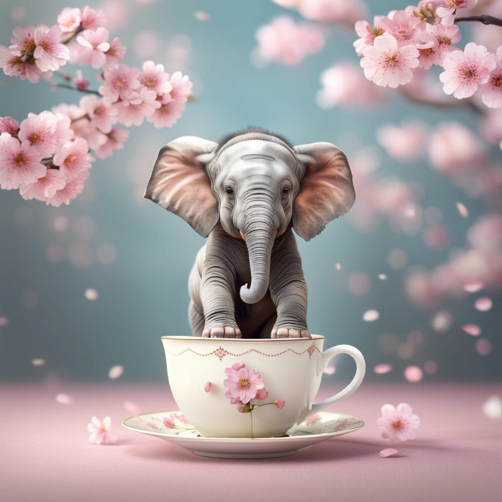 Baby Elephant Explores a Tea Cup  by @mathy_art_girl_305