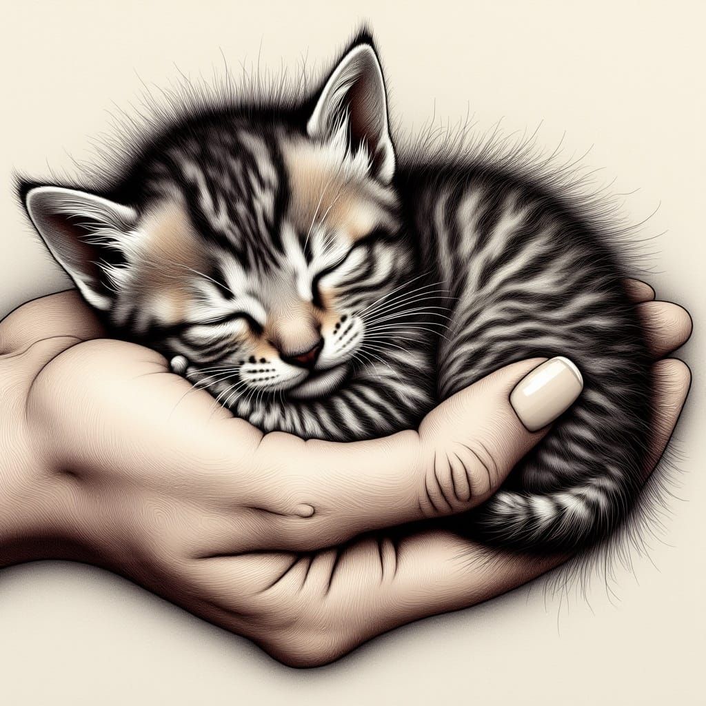 <lora:HRH-moody-inks:1.0>  hyper detailed, ink and watercolour, a moody, beautiful tiny kitten sleeping on a beautiful womans hand, high def...