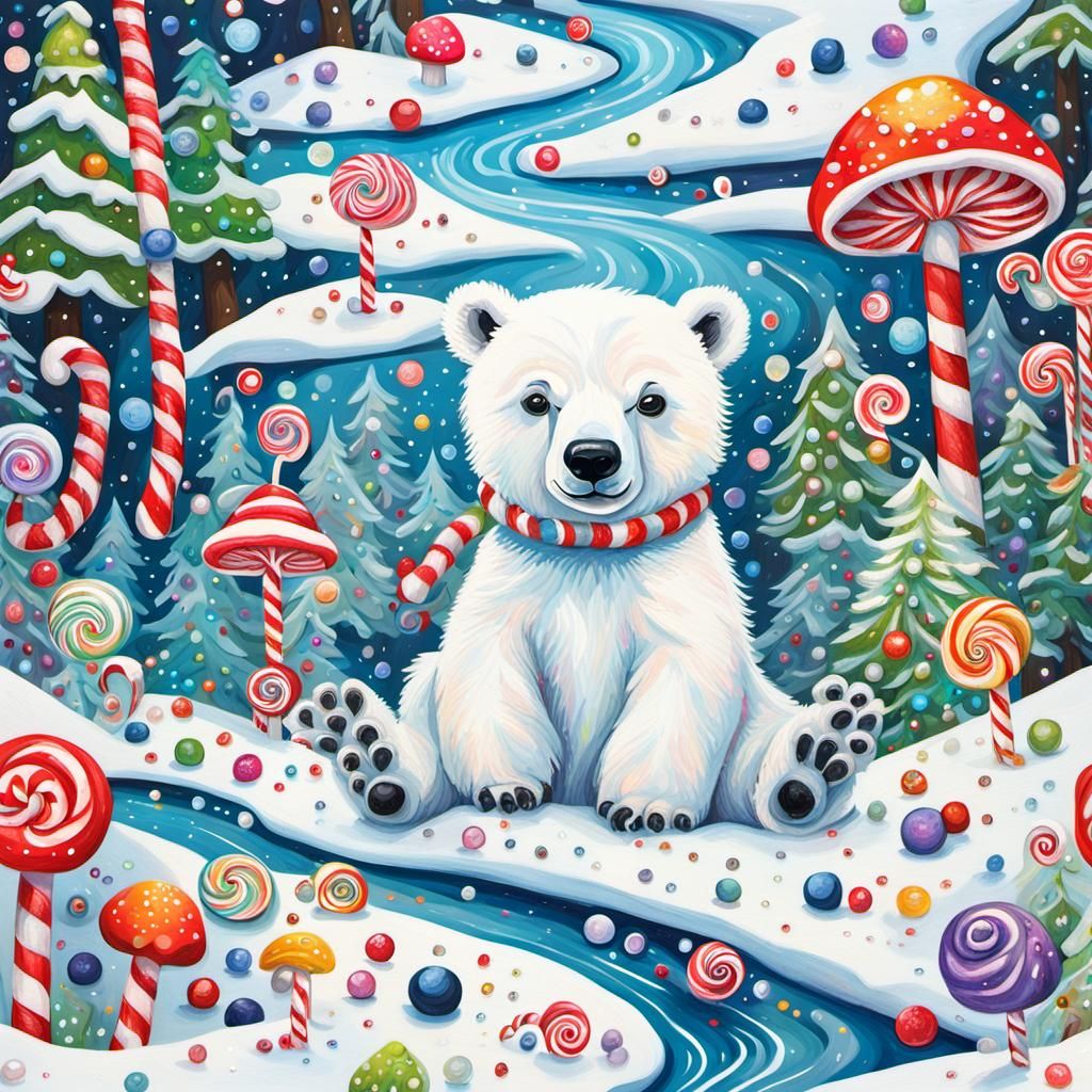 Baby Polar Bear in Candyland Gouache Wonderland
