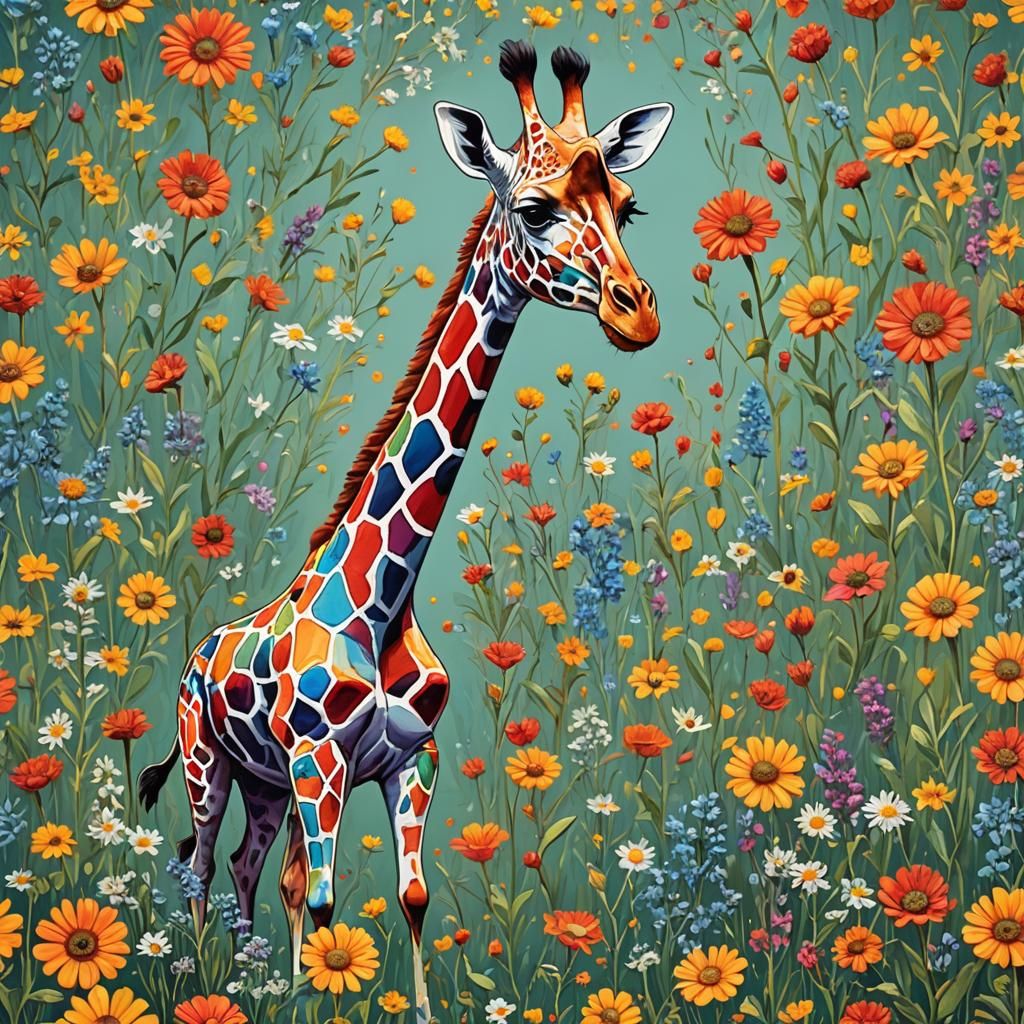 Multicolor giraffe in a field of flowers
