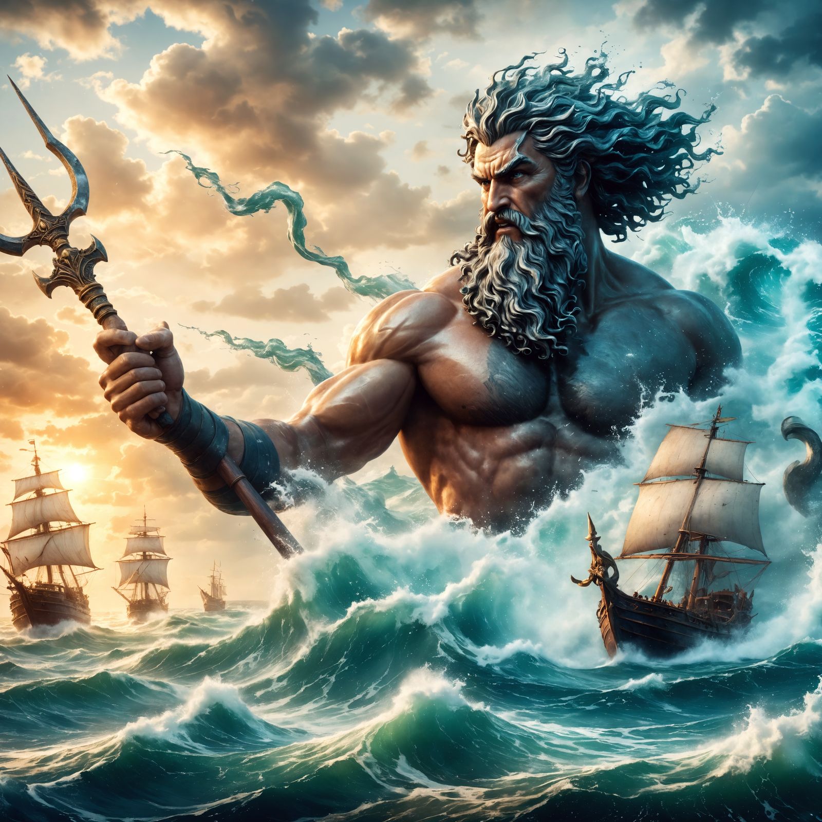 Poseidon with his Trident raging the ocean waves, sailing sh...